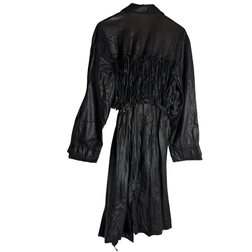 Jason Wu Black Vegan Faux Leather Fringed Tie Waist Long Trench Coat Size XL - Picture 12 of 16